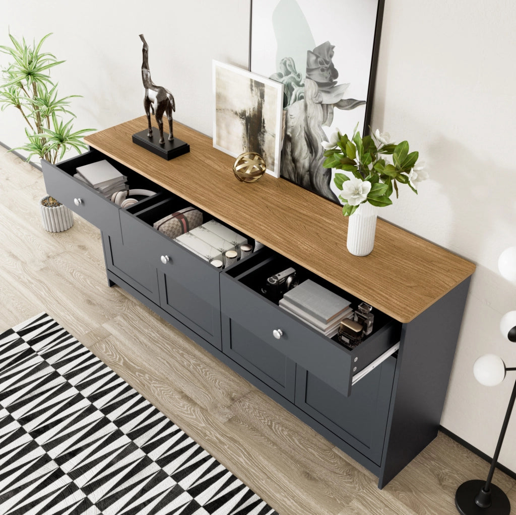 Sideboard in stile rustico grigio scuro e noce con 4 ante e 3 cassetti, 160 x 75 x 37 cm