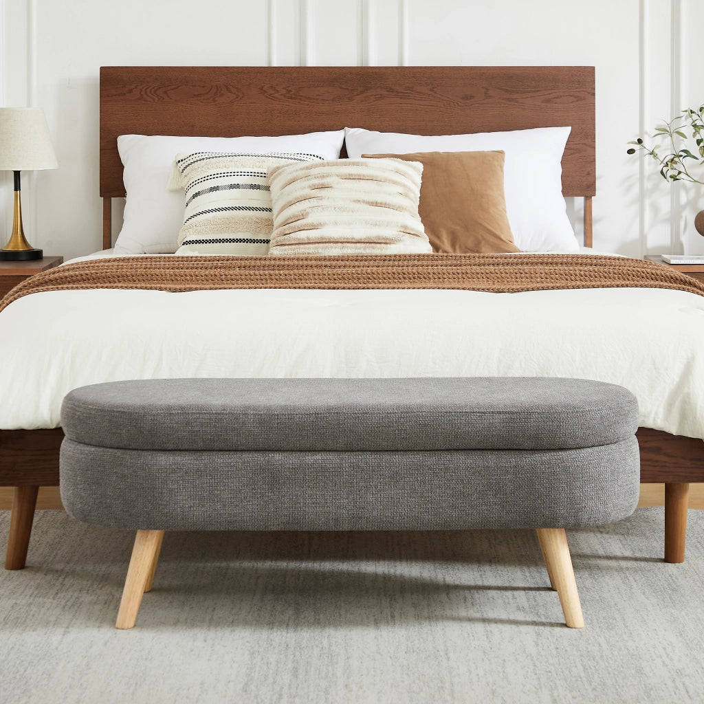 Panca contenitore ovale 110 cm con fori di ventilazione e piedini antiscivolo in chenille grigio
