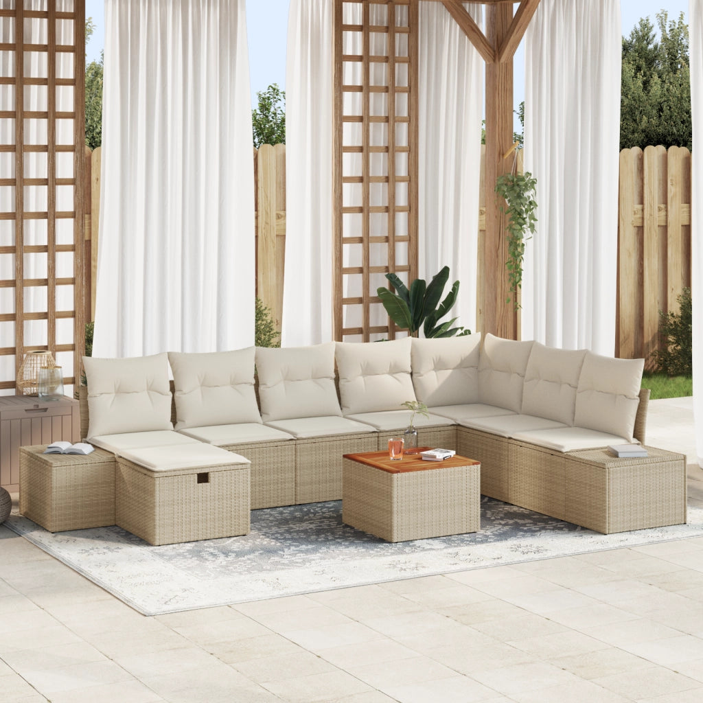Set di Divano da Giardino da 9 Pezzi con Cuscini Beige in Polyrattan