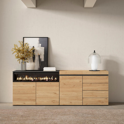 Credenza, 207x35x75cm, Camera da letto, Camino elettrico, Cassettiera, colore Rovere RF3412