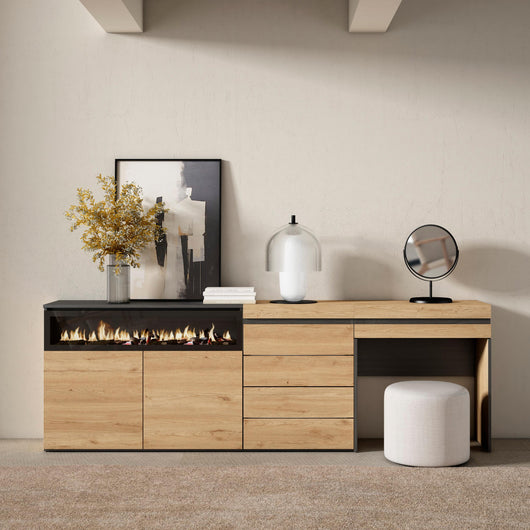 Credenza, 227x35x75cm, Camera da letto, Camino elettrico, Cassettiera, Tavolo da toeletta, colore Rovere RF3411