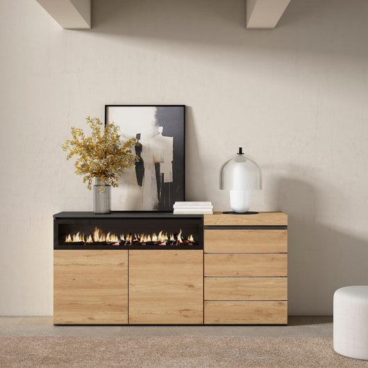 Credenza, 157x35x75cm, Camera da letto, Camino elettrico, Cassettiera, colore Rovere RF3410