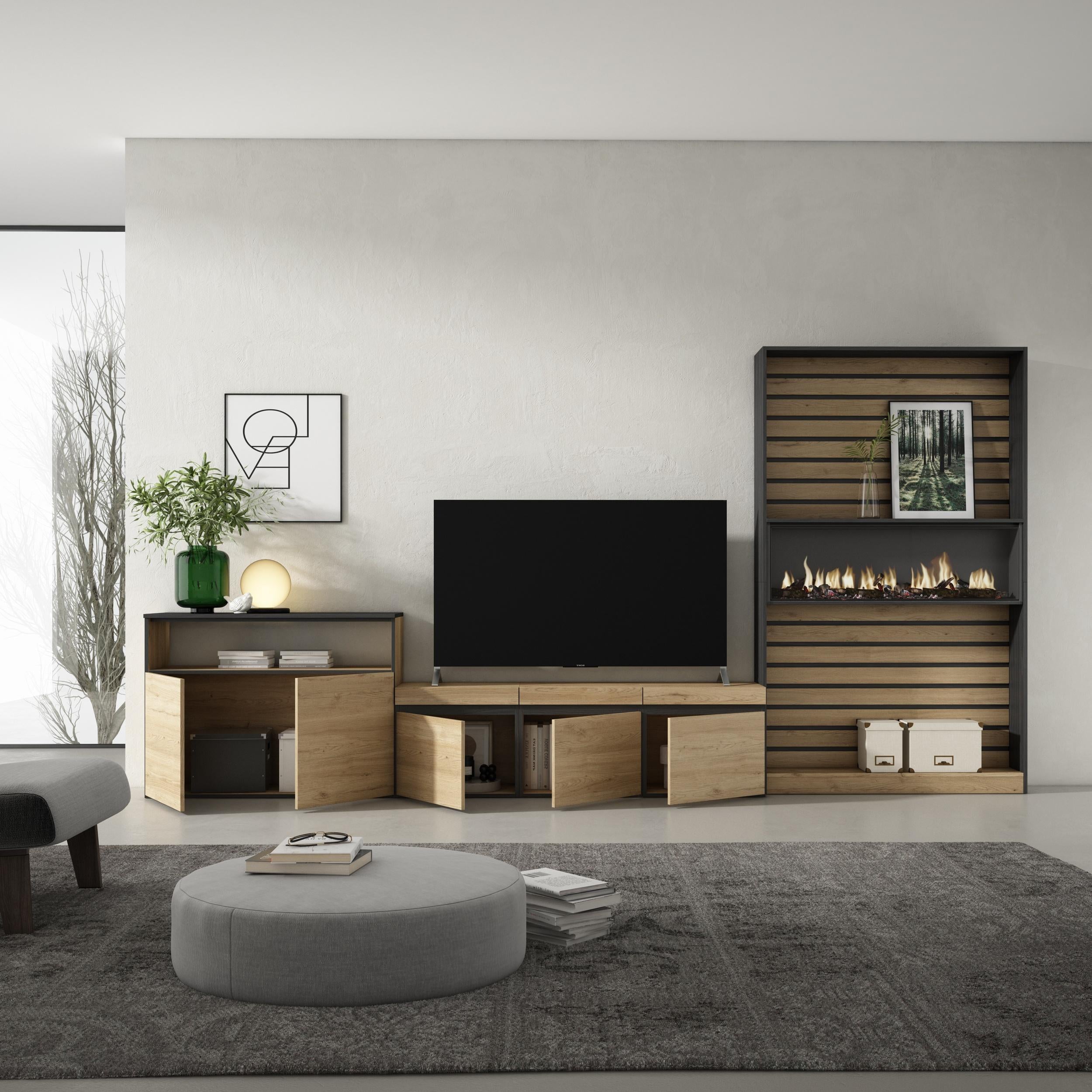 Mobile TV, Soggiorno, 360x35x186cm, Per TV fino a 65", Camino elettrico, colore Rovere e nero RF3163