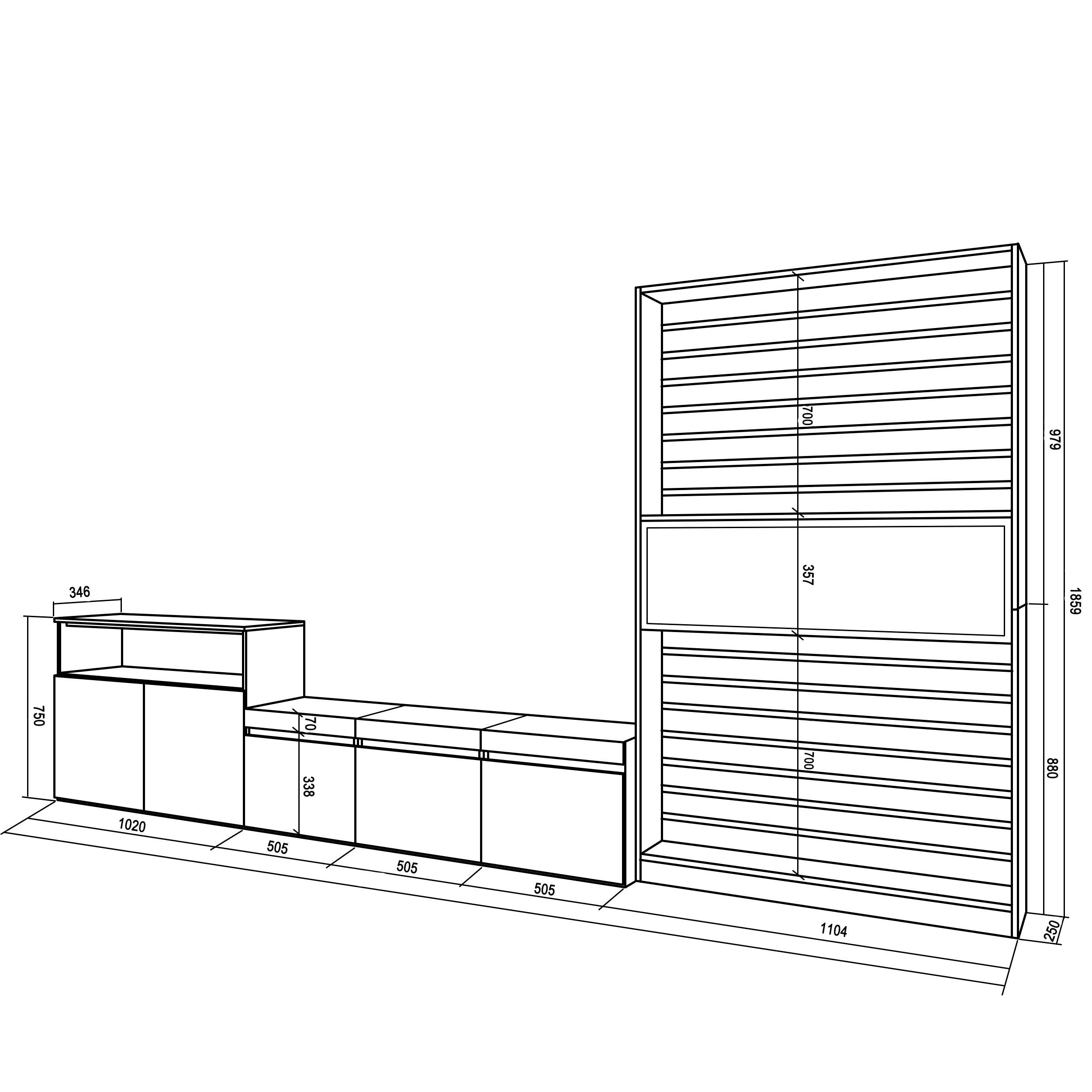 Mobile TV, Soggiorno, 360x35x186cm, Per TV fino a 65", Camino elettrico, colore Rovere e nero RF3163