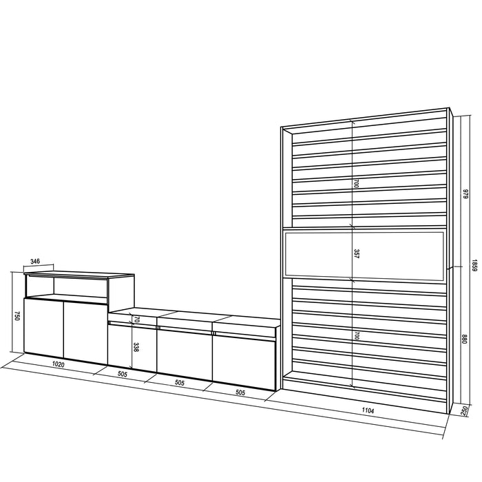 Mobile TV, Soggiorno, 360x35x186cm, Per TV fino a 65", Camino elettrico, colore Rovere e nero RF3163