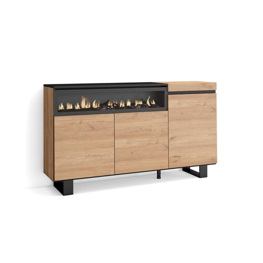Credenza, Mobile, 150x35x87cm, 3 Porte, Camino elettrico, Design industriale, colore Rovere e nero RF2519