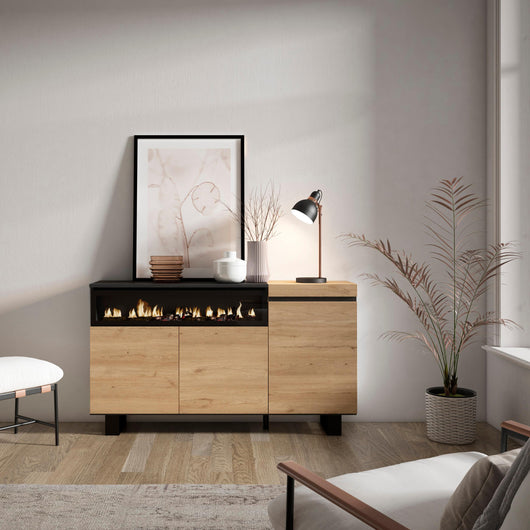 Credenza, Mobile, 150x35x87cm, 3 Porte, Camino elettrico, Design industriale, colore Rovere e nero RF2519