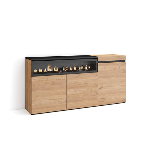Credenza, Mobile, 150x35x75cm, 3 Porte, Camino elettrico, colore Rovere e nero RF2518