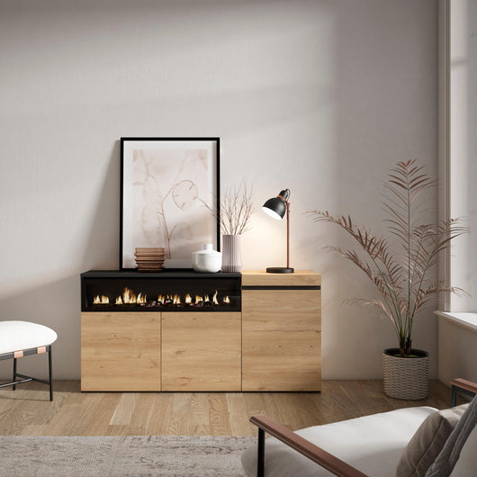 Credenza, Mobile, 150x35x75cm, 3 Porte, Camino elettrico, colore Rovere e nero RF2518