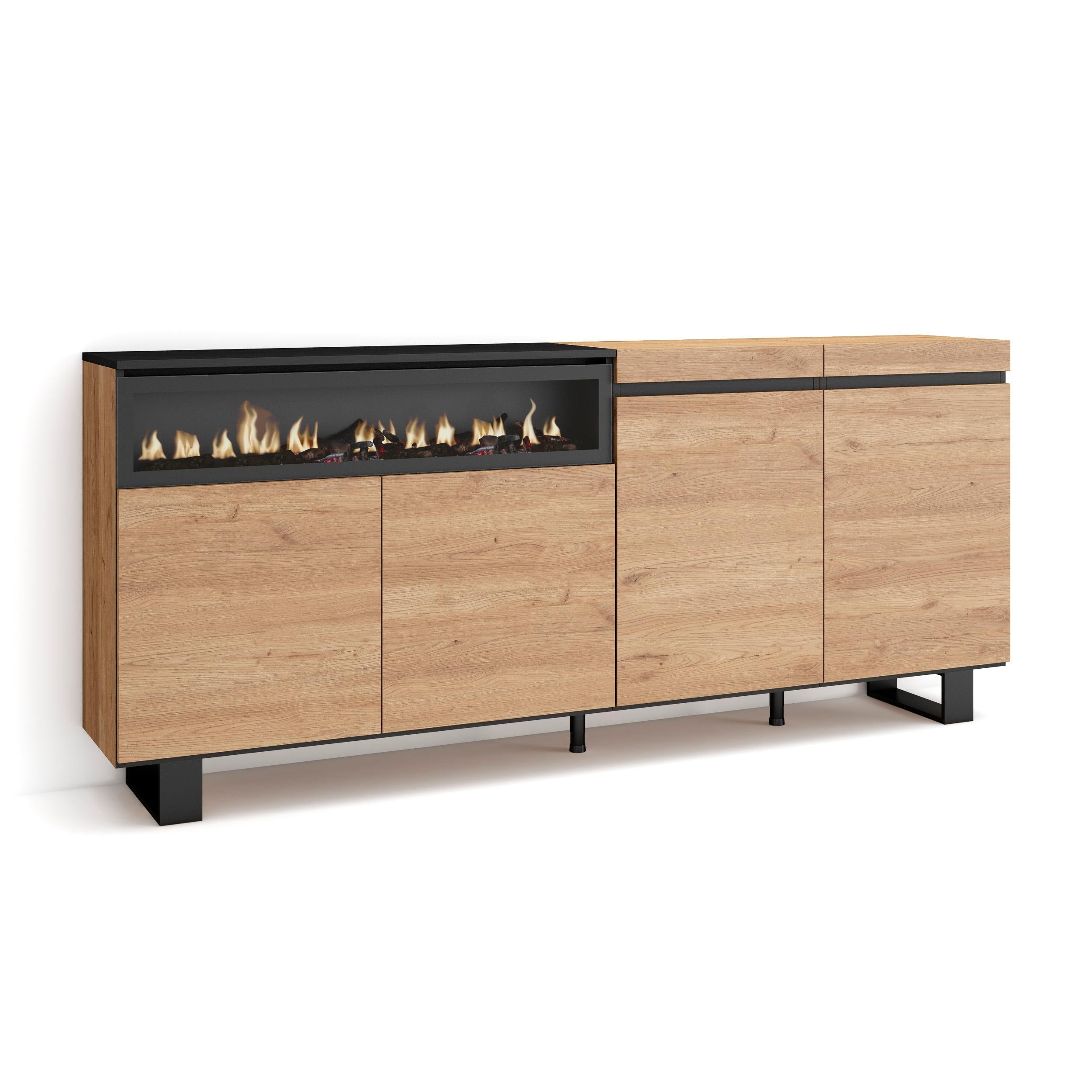 Credenza, Mobile, 200x35x87cm, 4 Porte, Camino elettrico, Design industriale, colore Rovere e nero RF2311