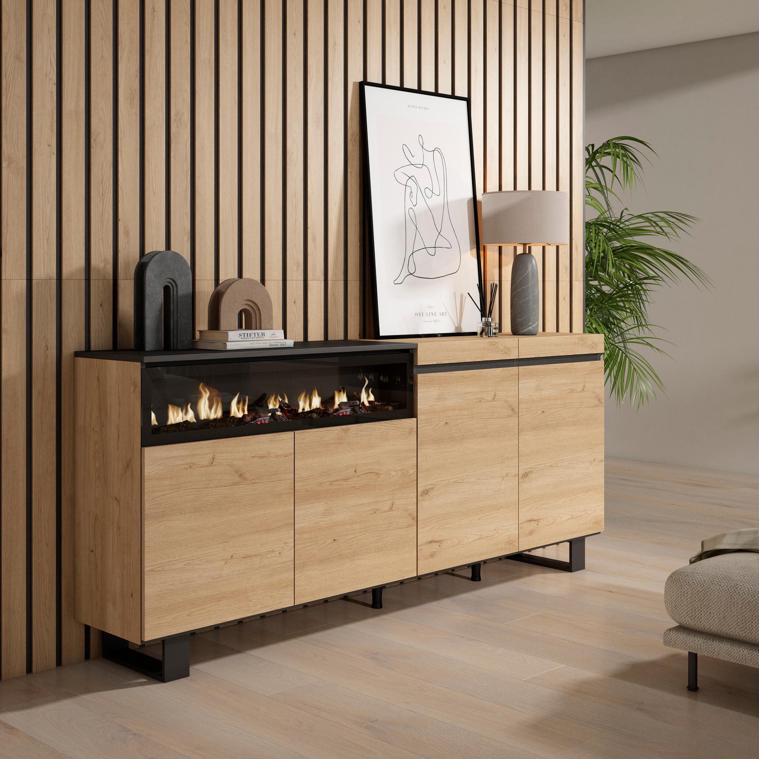 Credenza, Mobile, 200x35x87cm, 4 Porte, Camino elettrico, Design industriale, colore Rovere e nero RF2311
