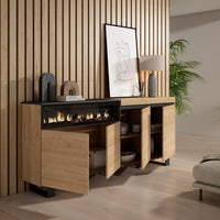 Credenza, Mobile, 200x35x87cm, 4 Porte, Camino elettrico, Design industriale, colore Rovere e nero RF2311