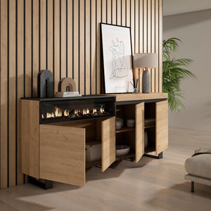 Credenza, Mobile, 200x35x87cm, 4 Porte, Camino elettrico, Design industriale, colore Rovere e nero RF2311