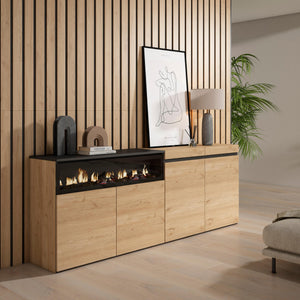 Credenza, Mobile, 200x35x75cm, 4 Porte, Camino elettrico, colore Rovere e nero RF2310