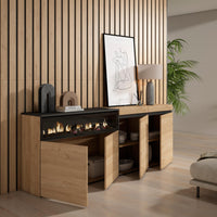 Credenza, Mobile, 200x35x75cm, 4 Porte, Camino elettrico, colore Rovere e nero RF2310