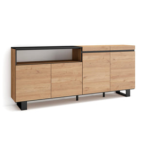 Credenza, Mobile, 200x35x87cm, 4 Porte, Design industriale, colore Rovere e nero RF2309