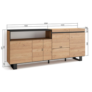 Credenza, Mobile, 200x35x87cm, 4 Porte, Design industriale, colore Rovere e nero RF2309