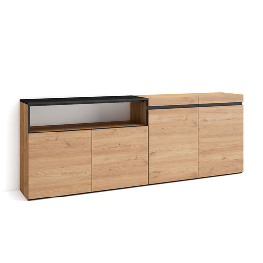 Credenza, Mobile, 200x35x75cm, 4 Porte, grande stoccaggio, colore Rovere e nero RF2308