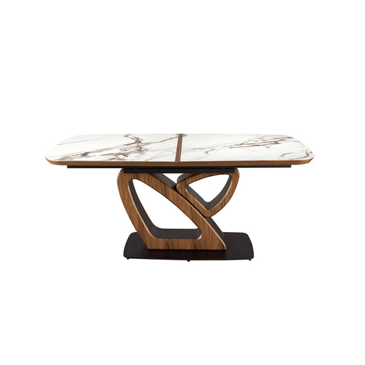 Tavolo da pranzo ovale allungabile con marmo porcellanato e fusto in noce