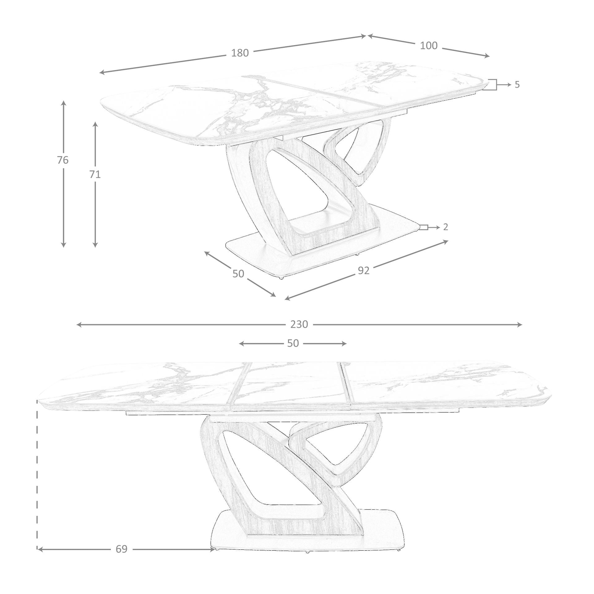 Tavolo da pranzo ovale allungabile con marmo porcellanato e fusto in noce