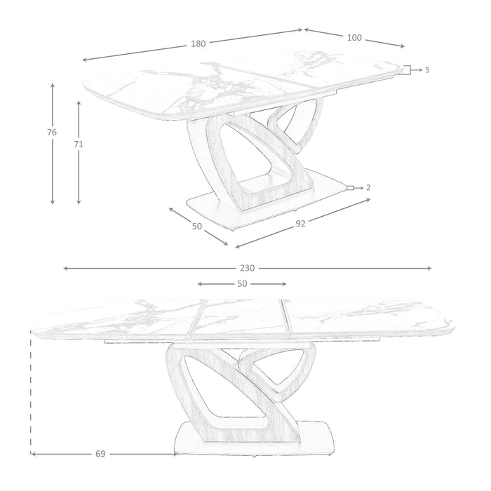 Tavolo da pranzo ovale allungabile con marmo porcellanato e fusto in noce