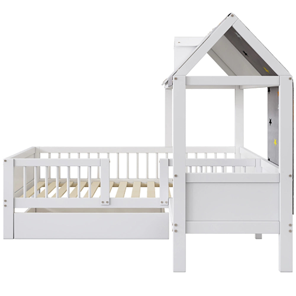 Lit a forma di casa per bambini - Xylo - 90x200 cm - Legno - Bianco - Con tenda e cassetti