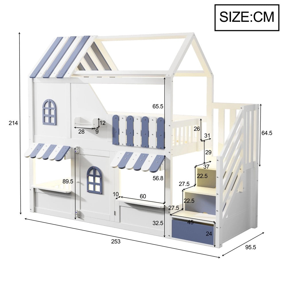 Letto a Castello Bambini Casetta con LED e Scaffale ¨C Xylo ¨C Bianco e Blu 90x200