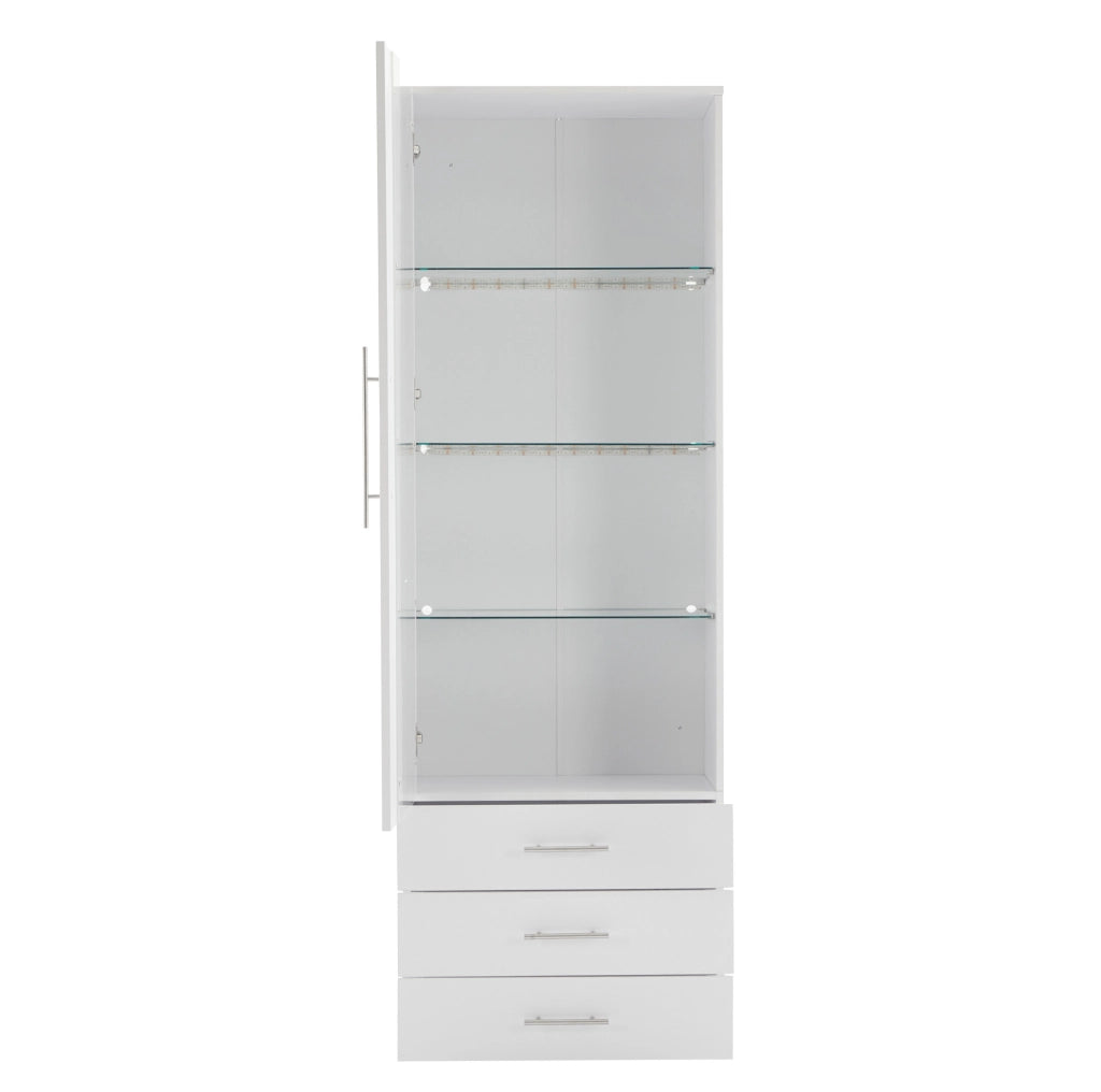 Vetrina bianca lucida con LED, 60x35x180 cm, MDF con porta acrilica e 3 cassetti