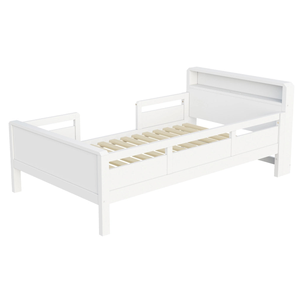 OKWISH Letto Bambino 90×200 cm, Letto Singolo con USB, Tipo C e Luce LED, Testiera con Mensola, senza Materasso, Bianco