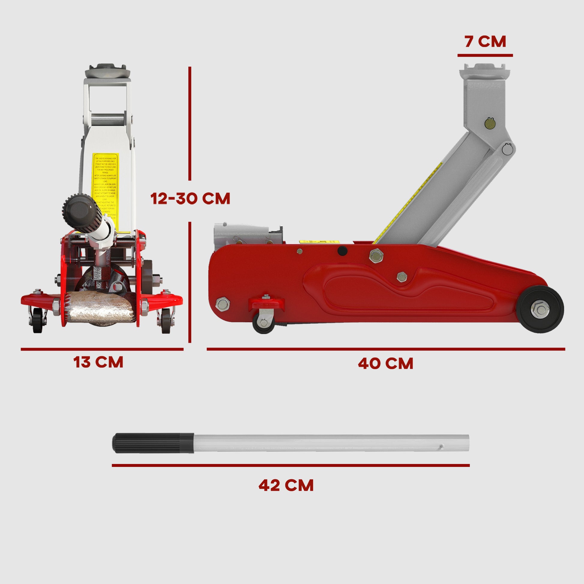 Cric Idraulico con Sollevamento 12-30 cm e Capacità 2 Tonnellate in Acciaio Rinforzato Rosso e Grigio