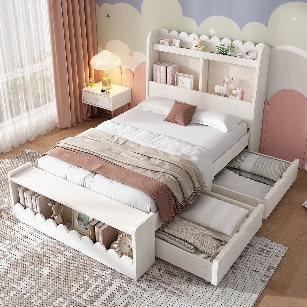 Letto a scomparsa per bambini - Xylo - 90x190 cm - Bianco - con cassetti, scaffale e panca