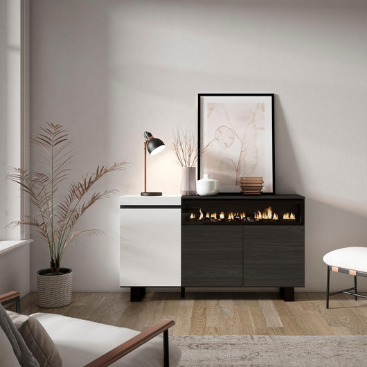 Credenza, Mobile, 150x35x87cm, 3 Porte, Camino elettrico, Design industriale, Bianco e nero RF2507
