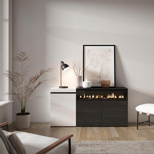 Credenza, Mobile, 150x35x75cm, 3 Porte, Camino elettrico, Bianco e nero RF2506