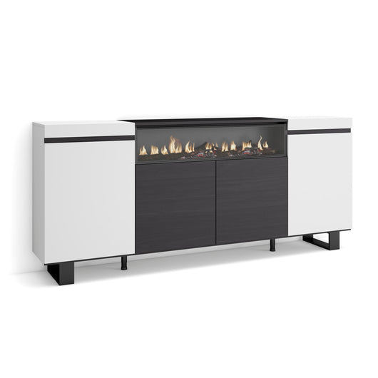 Credenza, Mobile, 200x35x87cm, 4 Porte, Camino elettrico, Design industriale, Bianco e nero RF2299