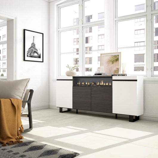 Credenza, Mobile, 200x35x87cm, 4 Porte, Camino elettrico, Design industriale, Bianco e nero RF2299
