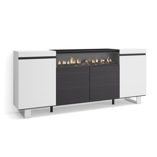 Credenza, Mobile, 200x35x87cm, 4 Porte, Camino elettrico, Design industriale, Bianco e nero RF2303