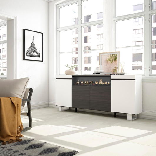 Credenza, Mobile, 200x35x87cm, 4 Porte, Camino elettrico, Design industriale, Bianco e nero RF2303