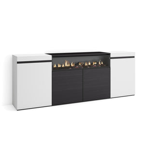 Credenza, Mobile, 200x35x75cm, 4 Porte, Camino elettrico, Bianco e nero RF2302