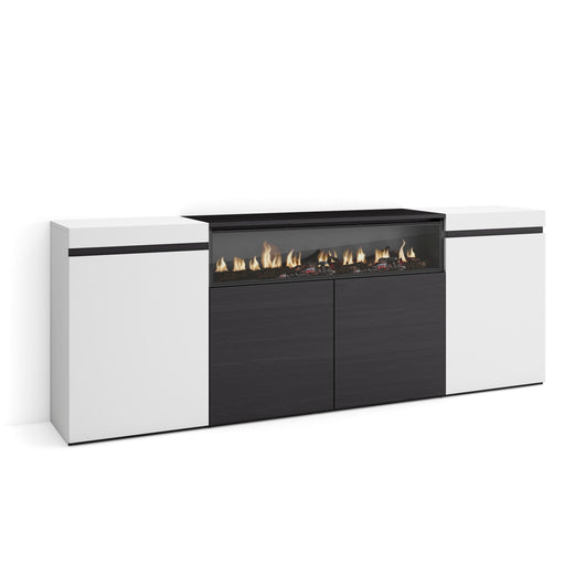 Credenza, Mobile, 200x35x75cm, 4 Porte, Camino elettrico, Bianco e nero RF2302