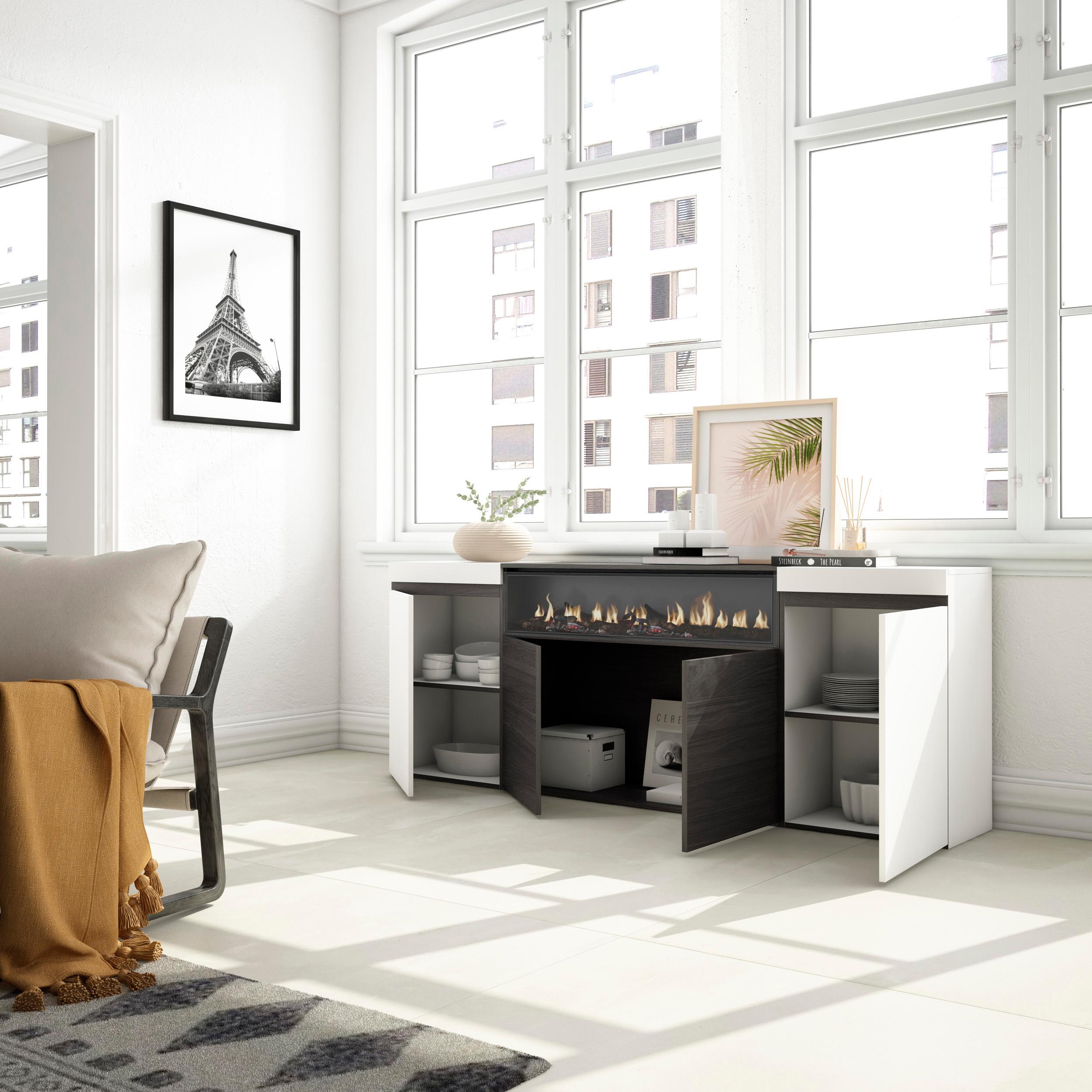 Credenza, Mobile, 200x35x75cm, 4 Porte, Camino elettrico, Bianco e nero RF2302