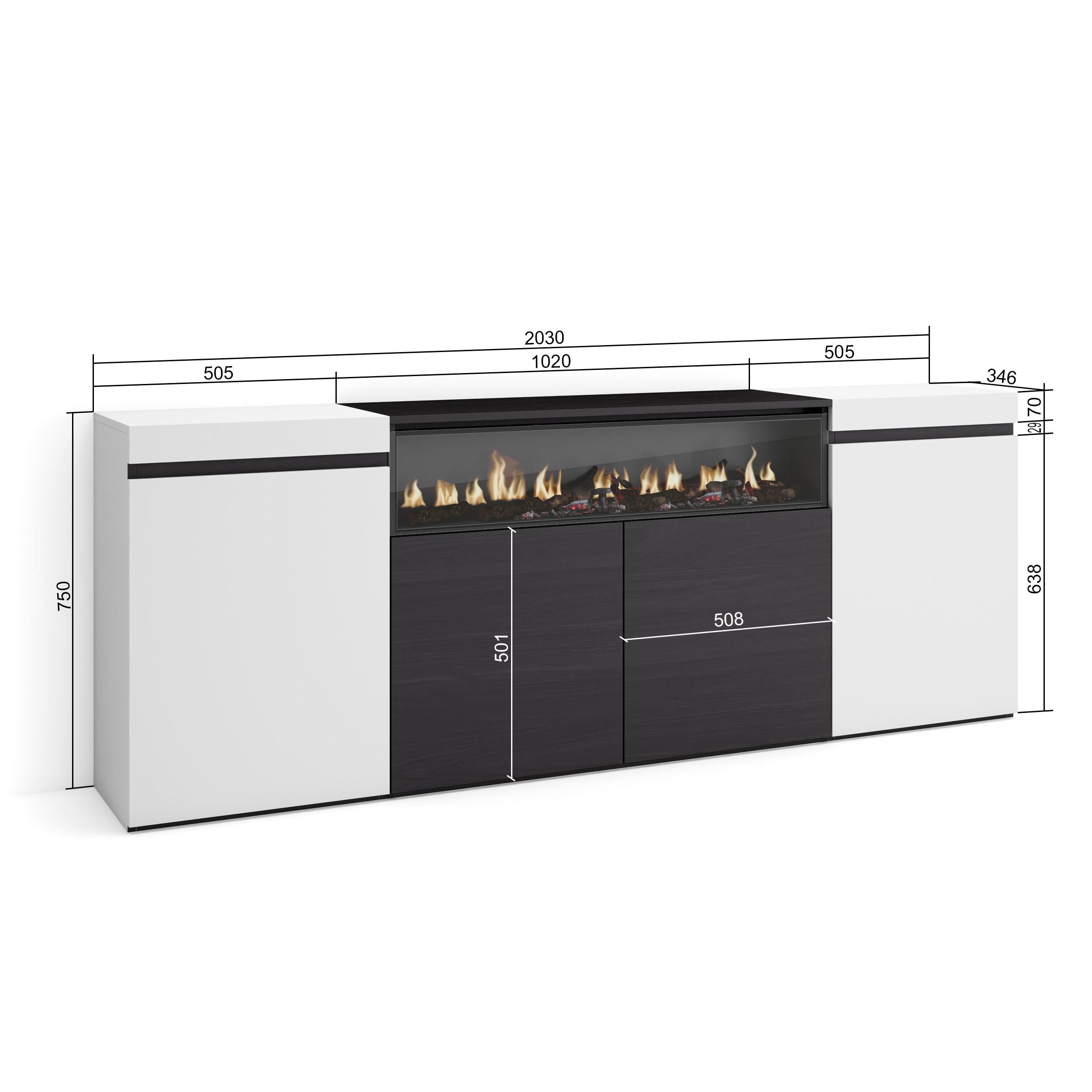 Credenza, Mobile, 200x35x75cm, 4 Porte, Camino elettrico, Bianco e nero RF2302