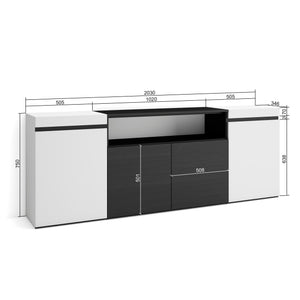 Credenza, Mobile, 200x35x75cm, 4 Porte, grande stoccaggio, Bianco e nero RF2296