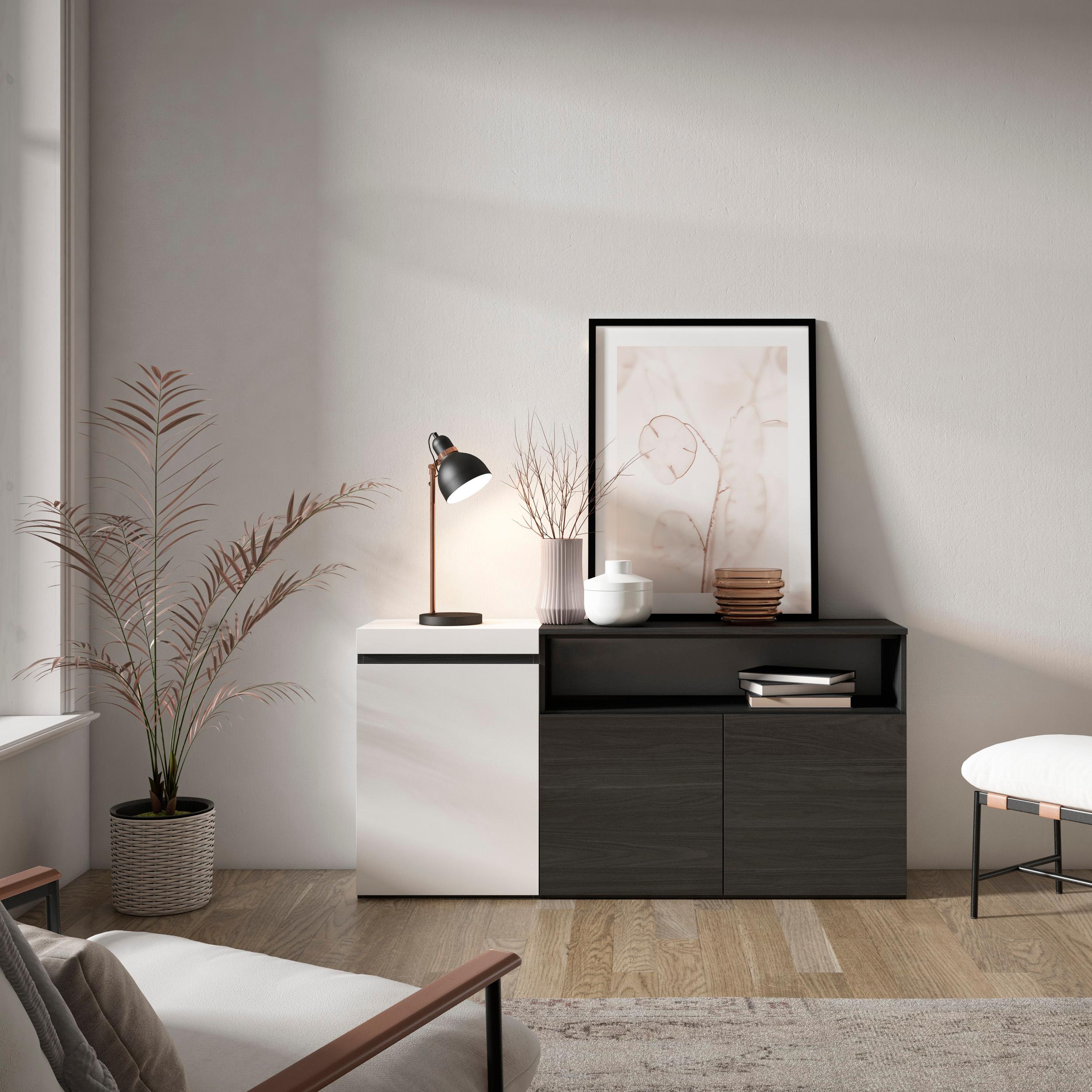 Credenza, Mobile, 150x35x75cm, 3 Porte, grande stoccaggio, Bianco e nero RF2504