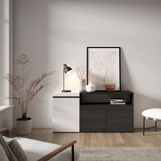 Credenza, Mobile, 150x35x75cm, 3 Porte, grande stoccaggio, Bianco e nero RF2504