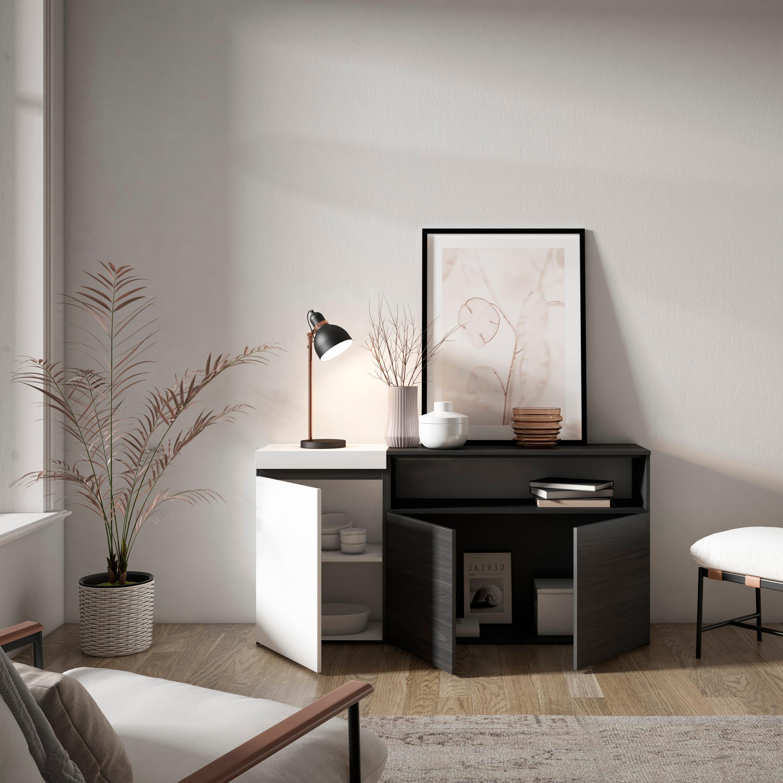 Credenza, Mobile, 150x35x75cm, 3 Porte, grande stoccaggio, Bianco e nero RF2504