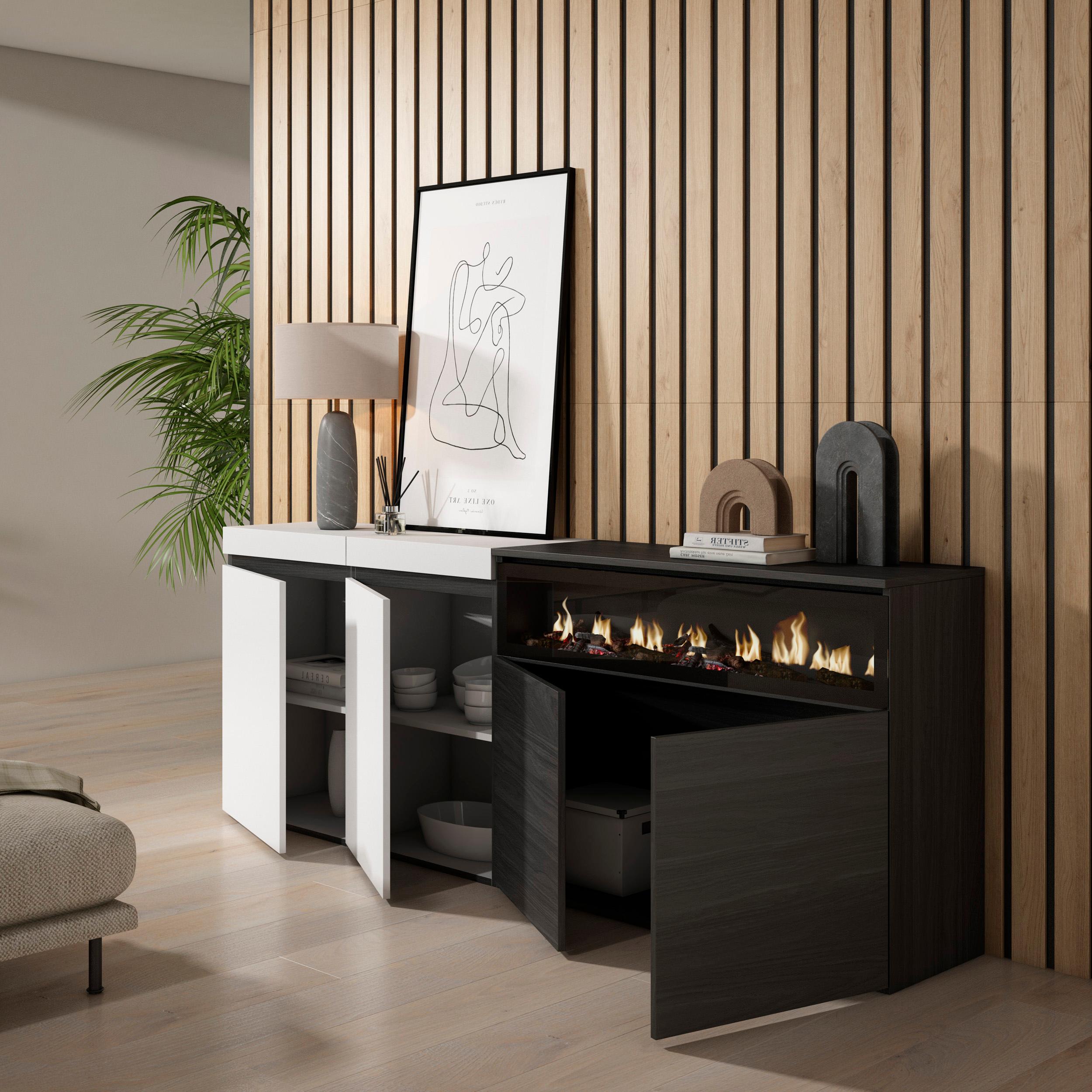 Credenza, Mobile, 200x35x75cm, 4 Porte, Camino elettrico, Bianco e nero RF2405