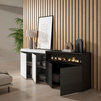 Credenza, Mobile, 200x35x75cm, 4 Porte, Camino elettrico, Bianco e nero RF2405