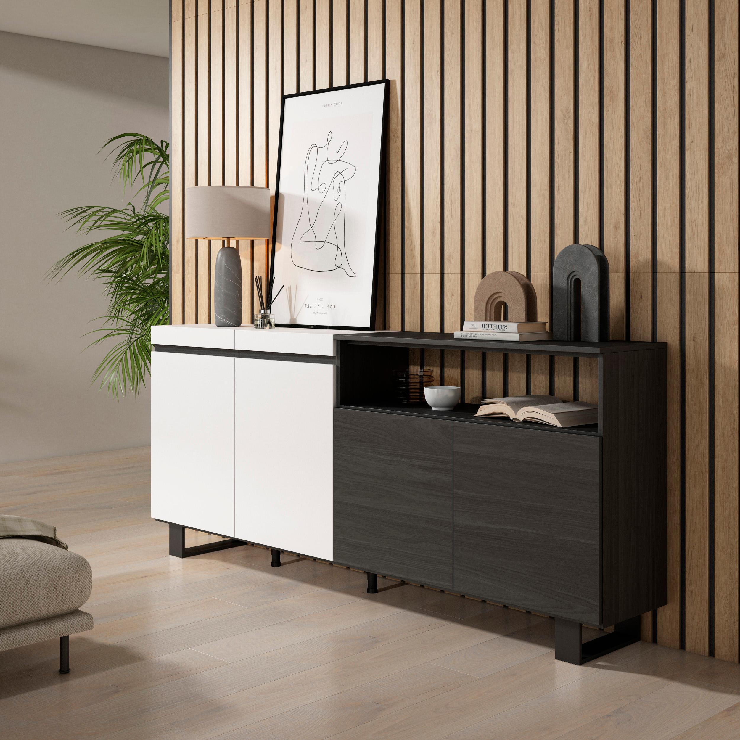 Credenza, Mobile, 200x35x87cm, 4 Porte, Design industriale, Bianco e nero RF2396