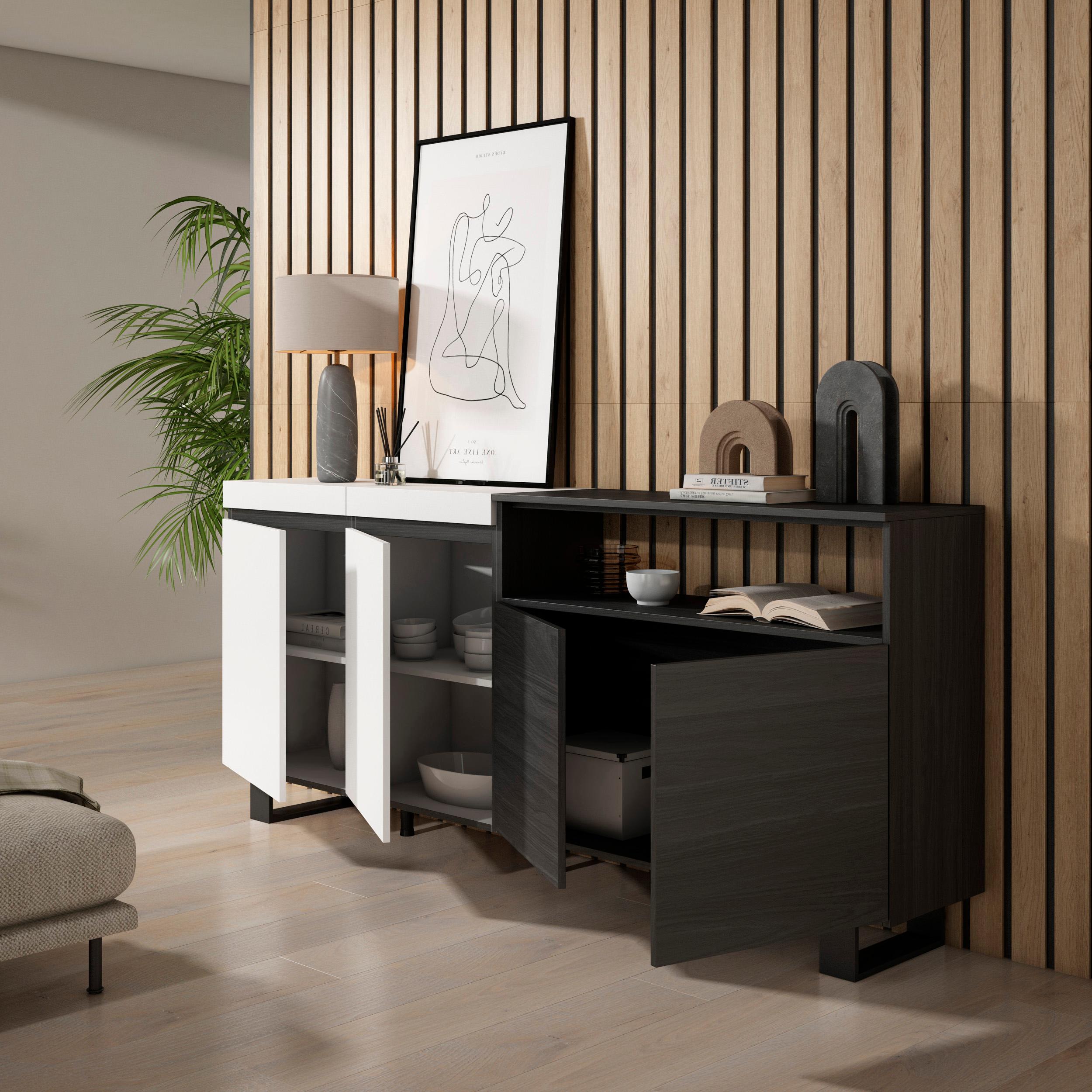 Credenza, Mobile, 200x35x87cm, 4 Porte, Design industriale, Bianco e nero RF2396