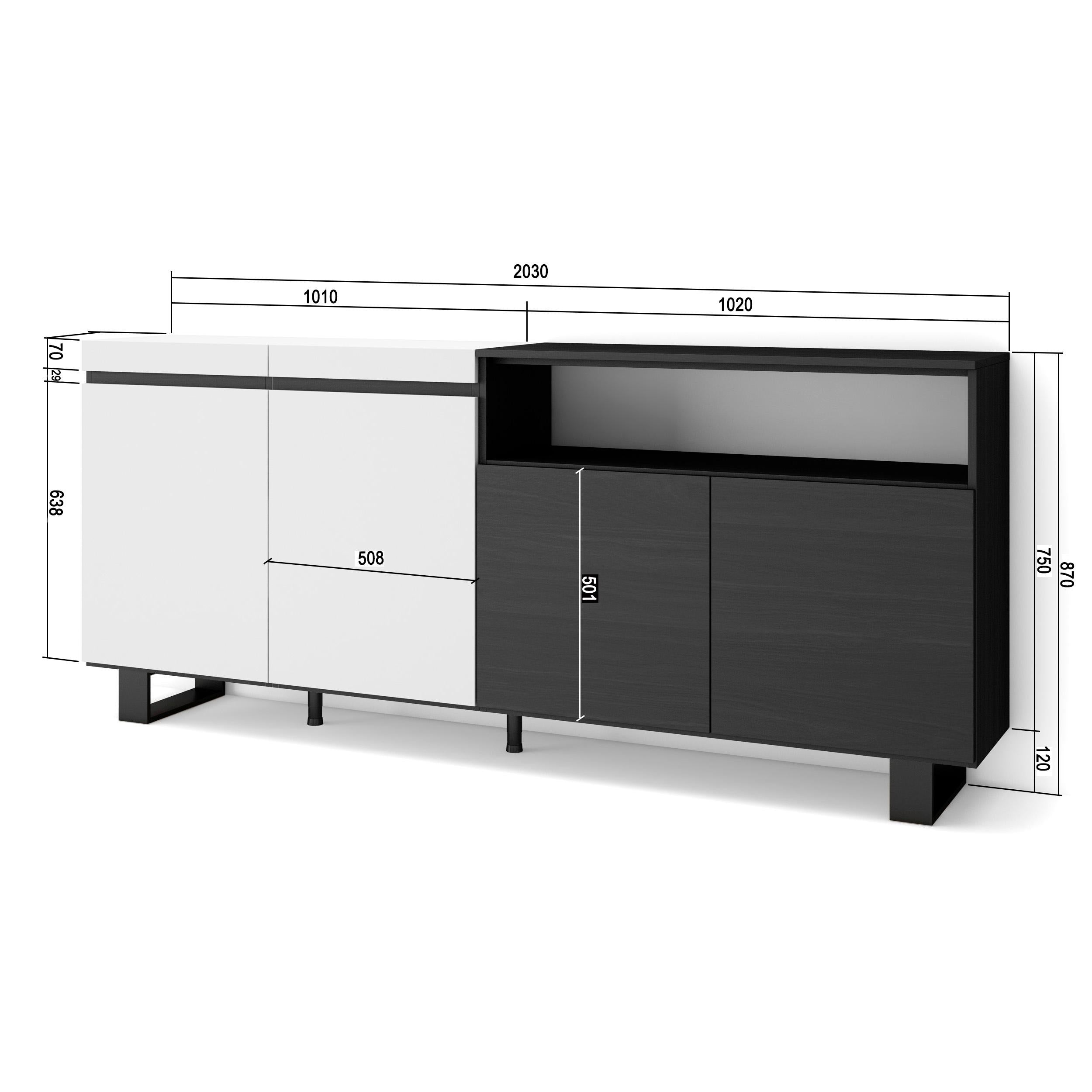 Credenza, Mobile, 200x35x87cm, 4 Porte, Design industriale, Bianco e nero RF2396